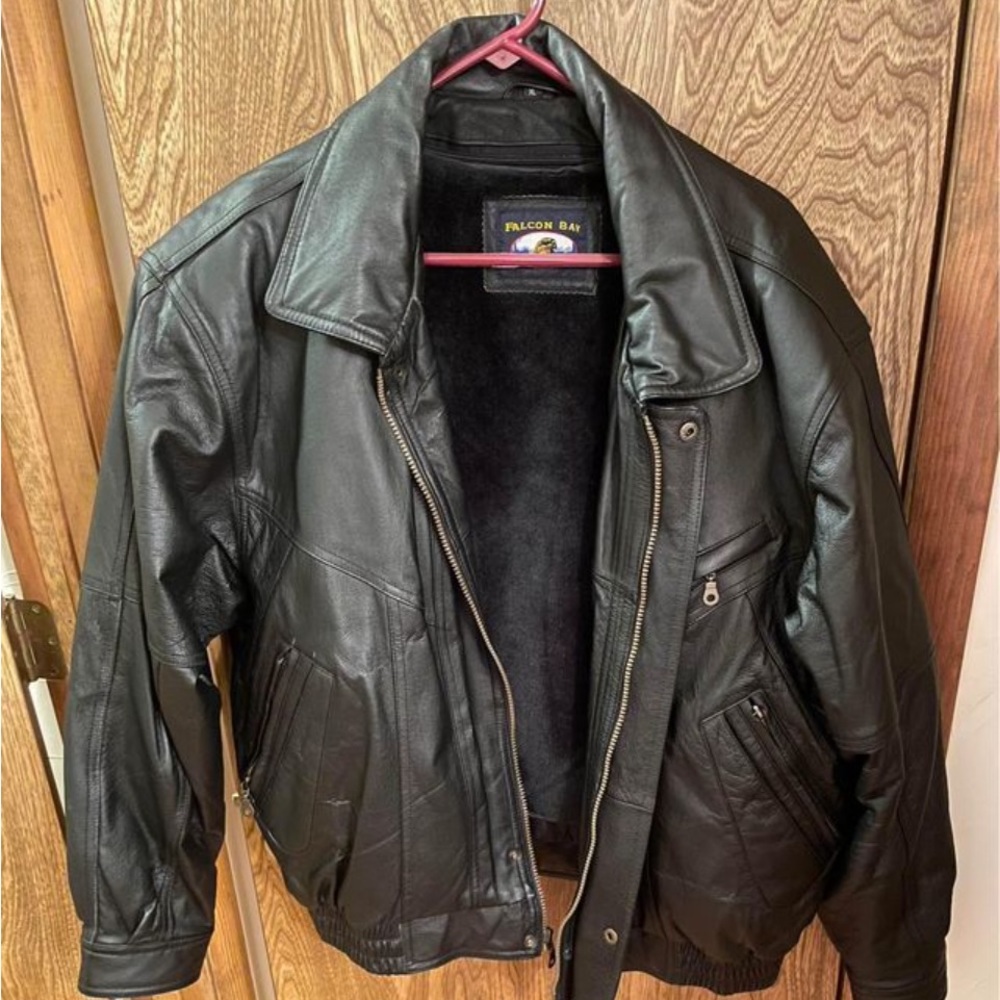 Mens xl Vintage genuine leather black bomber jacket removable lining falcon bay